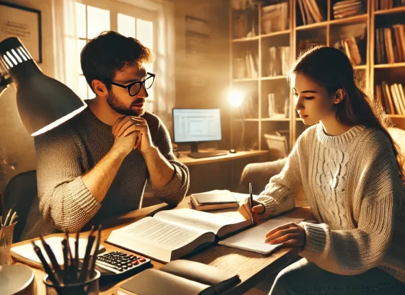 DALL·E 2024-10-22 09.29.06 - A cozy study setting showing a student and tutor engaged in a one-on-one tutoring session. The student, sitting at a desk, appears focused while the t
