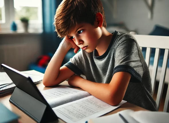 DALL·E 2024-10-22 09.44.41 - A young student sitting at a desk, feeling unmotivated while trying to study. The child looks around 10-12 years old, with short hair, wearing a casua